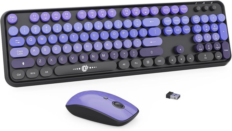 FD Wireless Keyboard and Mouse Combo | Cute Colorful Keyboard and Mouse with 2.4GHz Cordless Retro Typewriter Keyboard | Auto-Sleep | USB Receiver for Windows PC/Laptop - Black Purple Gradient - Image 1